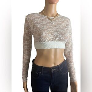 CW Classics 🌻 Women's Lace See-Through Long Sleeve Crop Top Black Medium